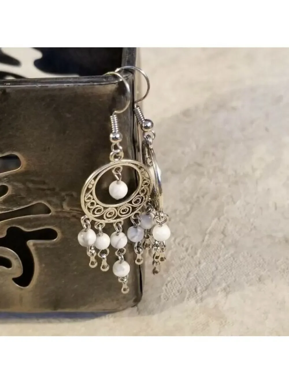 Hand Crafted Natural White Howlite Gemstone Antique Silver Chandelier Earrings